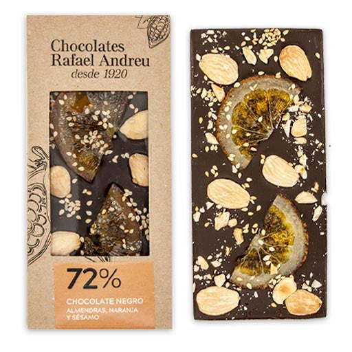 Tableta Chocolate Negro 72% ALMENDRAS NARANJA Y SESAMO 80gr RAFAEL ANDREU