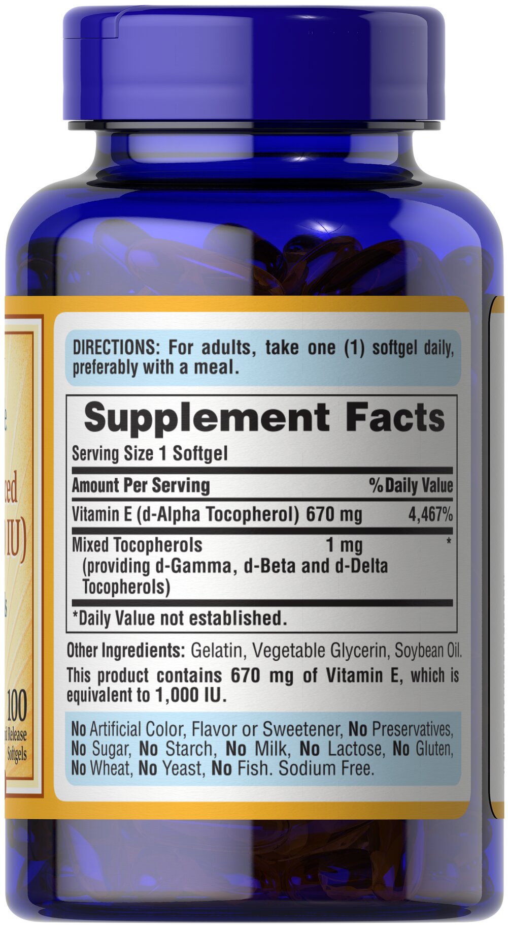 Vitamina E natural con Tocoferoles mixtos. 670mg (1000ui) x 100 cápsulas. (sofgels). Super completa.