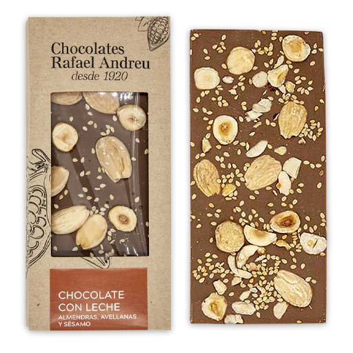 Tableta Chocolate con Leche con ALMENDRAS, AVELLANAS Y SÉSAMO 80gr RAFAEL ANDREU