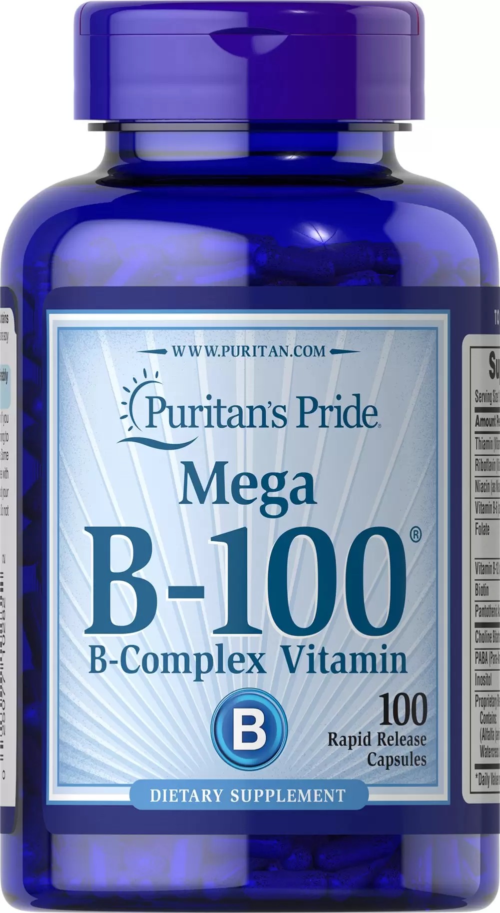 Mega complejo de vitamina B-100 x 100 cápsulas de rápida acción.