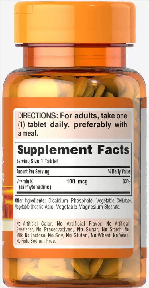 Vitamina K. 100 mcg  x 100 tabletas. (Apto vegano).